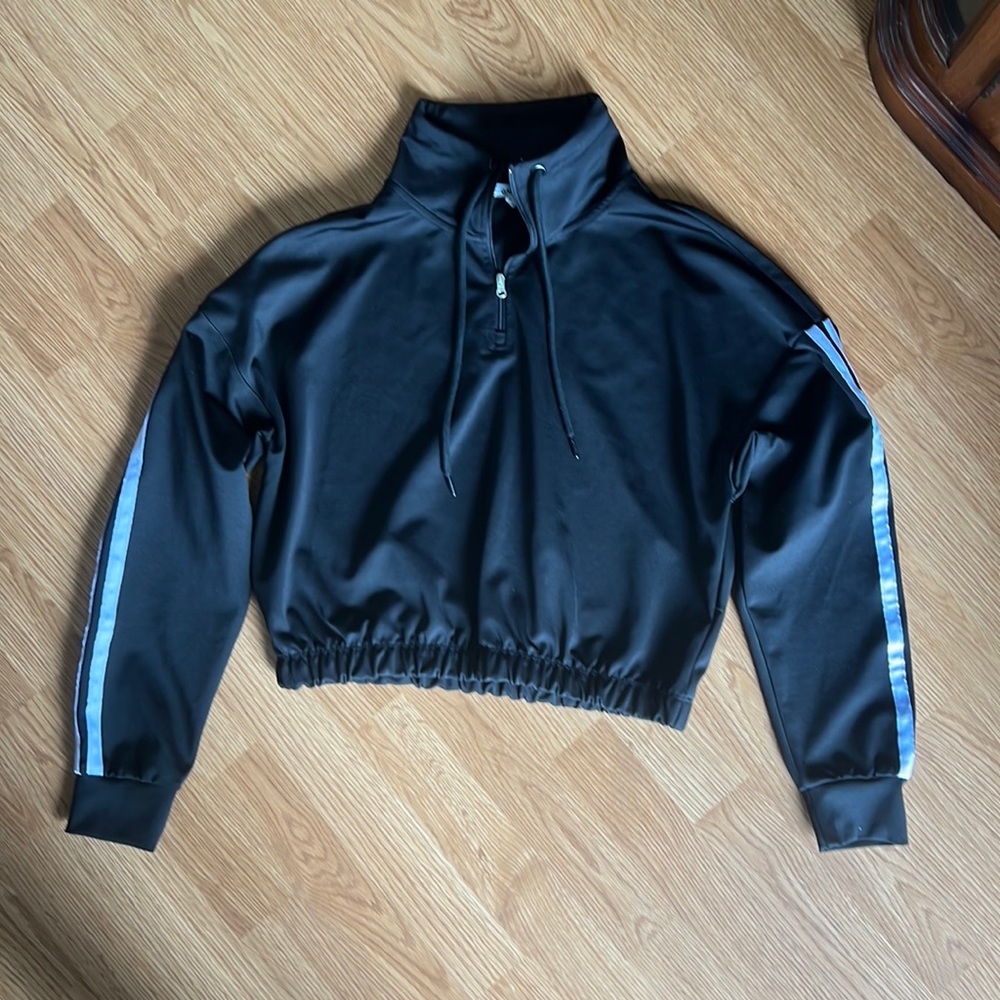 Garage cropped black and white striped cropped half zip sweatshirt